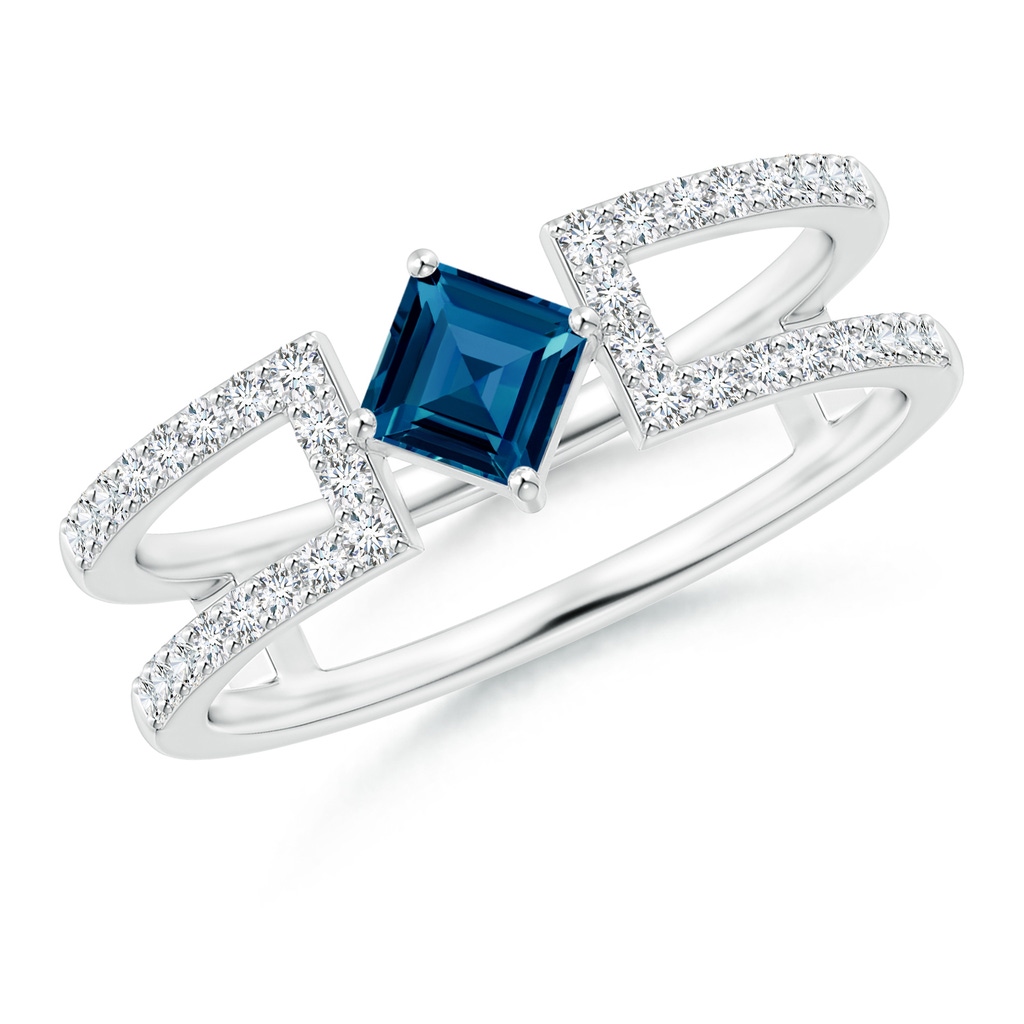 4mm AAAA Square London Blue Topaz Parallel Split Shank Ring with Accents in White Gold