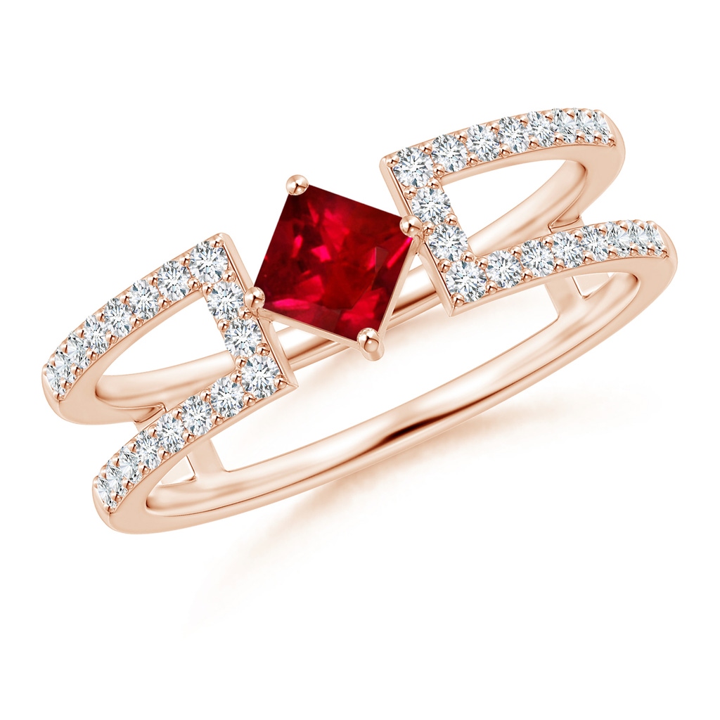 4mm AAAA Square Ruby Parallel Split Shank Ring with Accents in Rose Gold