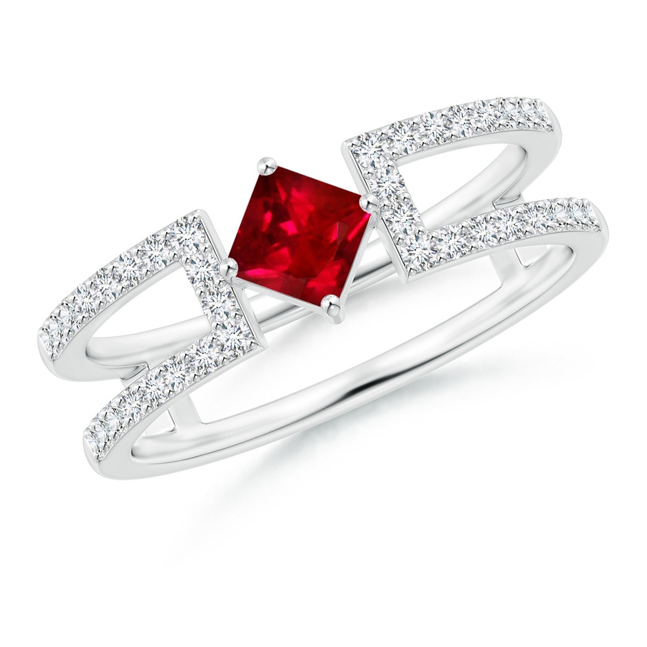 4mm AAAA Square Ruby Parallel Split Shank Ring with Accents in White Gold 