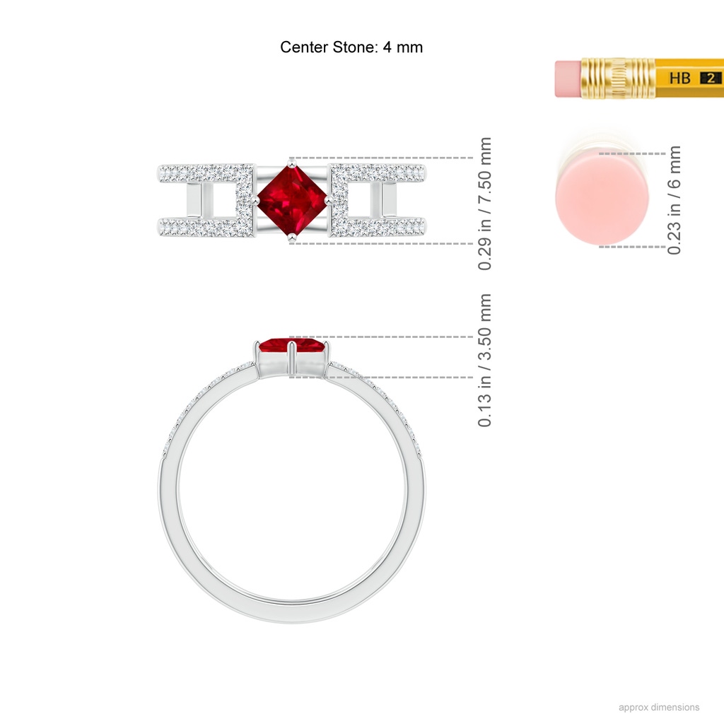 4mm AAAA Square Ruby Parallel Split Shank Ring with Accents in White Gold Ruler