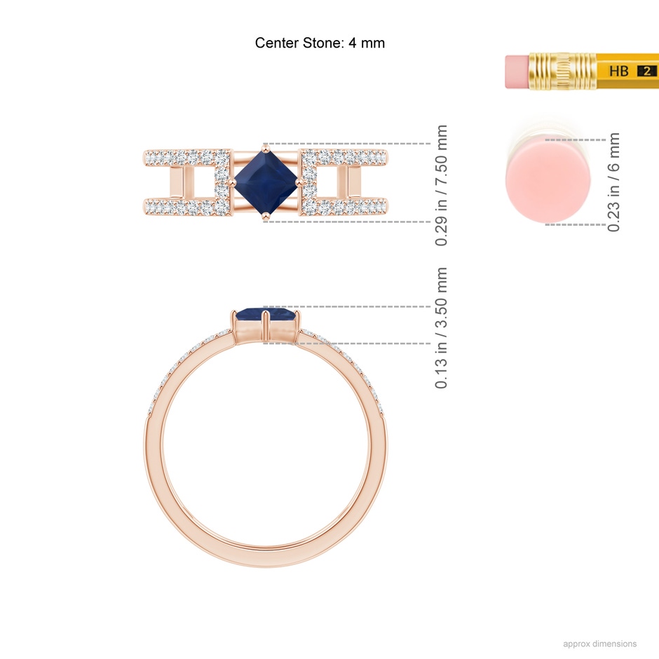 4mm A Square Sapphire Parallel Split Shank Ring with Accents in Rose Gold ruler
