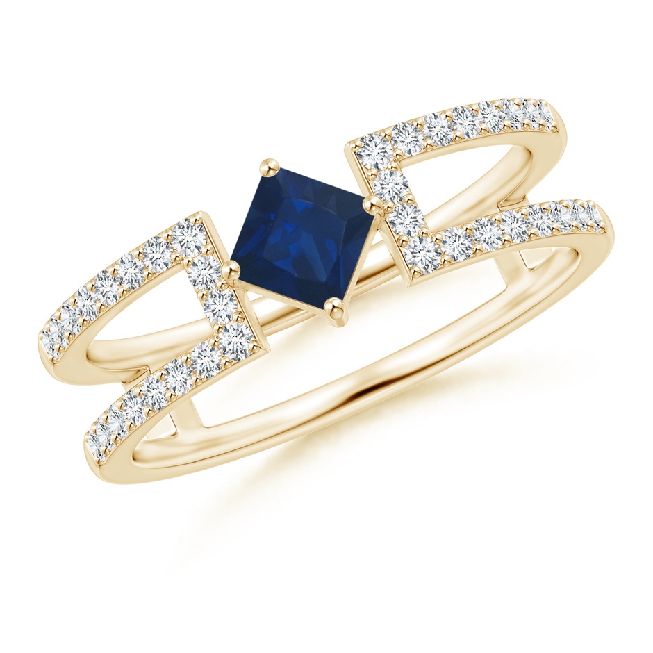 4mm AA Square Sapphire Parallel Split Shank Ring with Accents in Yellow Gold 