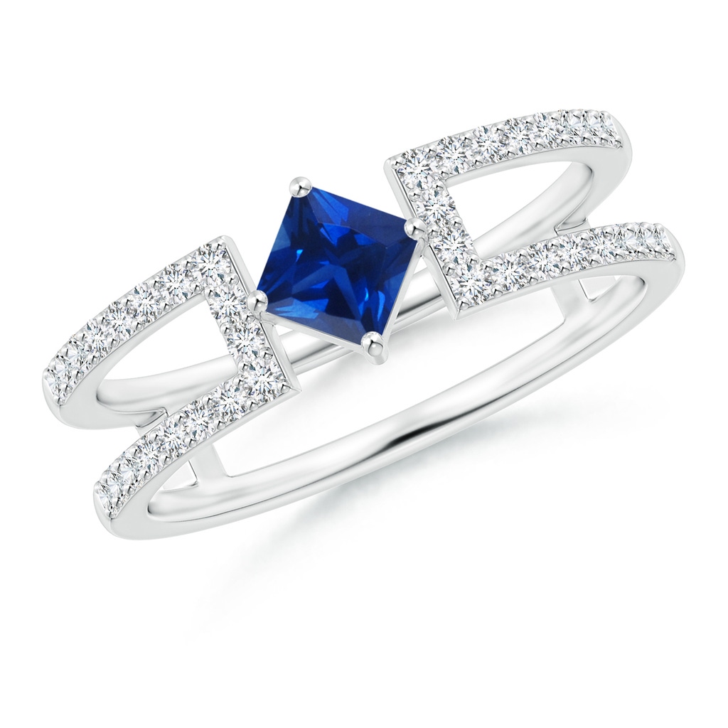 4mm AAAA Square Sapphire Parallel Split Shank Ring with Accents in White Gold 