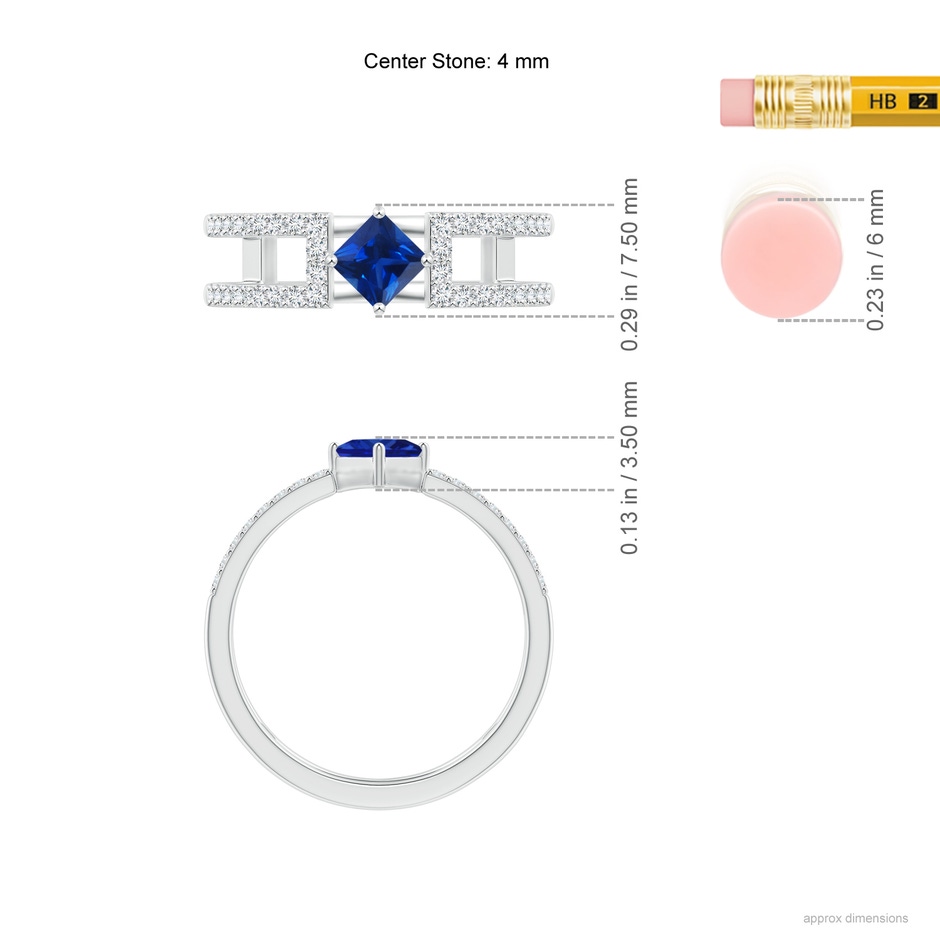 4mm AAAA Square Sapphire Parallel Split Shank Ring with Accents in White Gold ruler