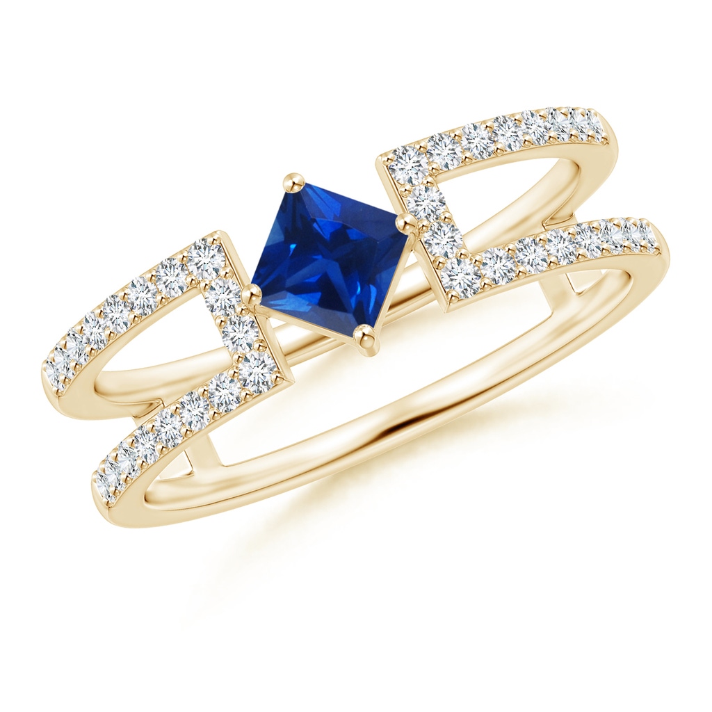 4mm AAAA Square Sapphire Parallel Split Shank Ring with Accents in Yellow Gold