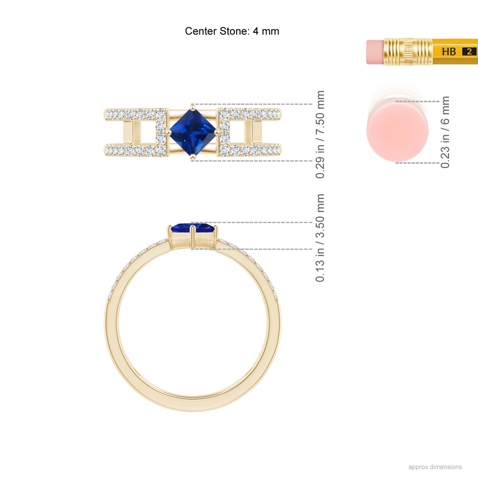 4mm AAAA Square Sapphire Parallel Split Shank Ring with Accents in Yellow Gold ruler