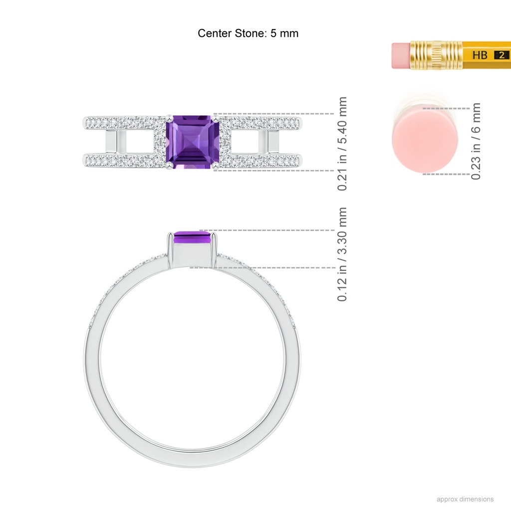 5mm AAA Square Emerald-Cut Amethyst Parallel Split Shank Ring in White Gold Ruler