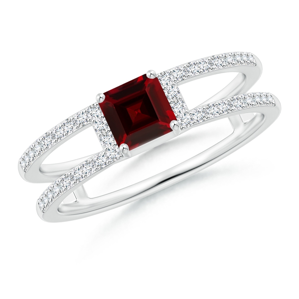 5mm AAA Square Emerald-Cut Garnet Parallel Split Shank Ring in White Gold