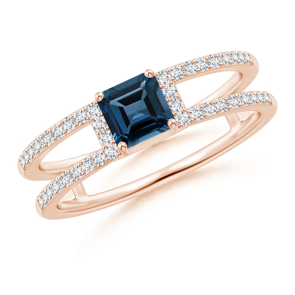 5mm AAAA Square Emerald-Cut London Blue Topaz Parallel Split Shank Ring in Rose Gold