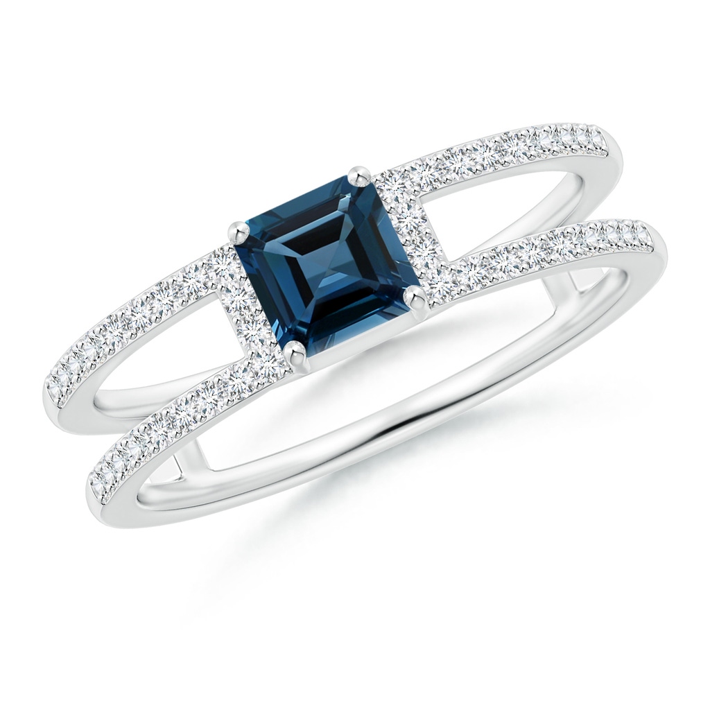 5mm AAAA Square Emerald-Cut London Blue Topaz Parallel Split Shank Ring in White Gold