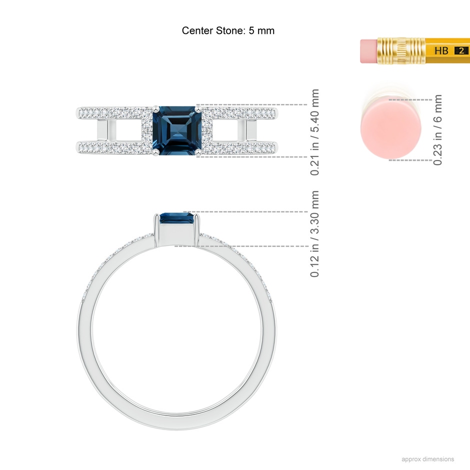 5mm AAAA Square Emerald-Cut London Blue Topaz Parallel Split Shank Ring in White Gold ruler