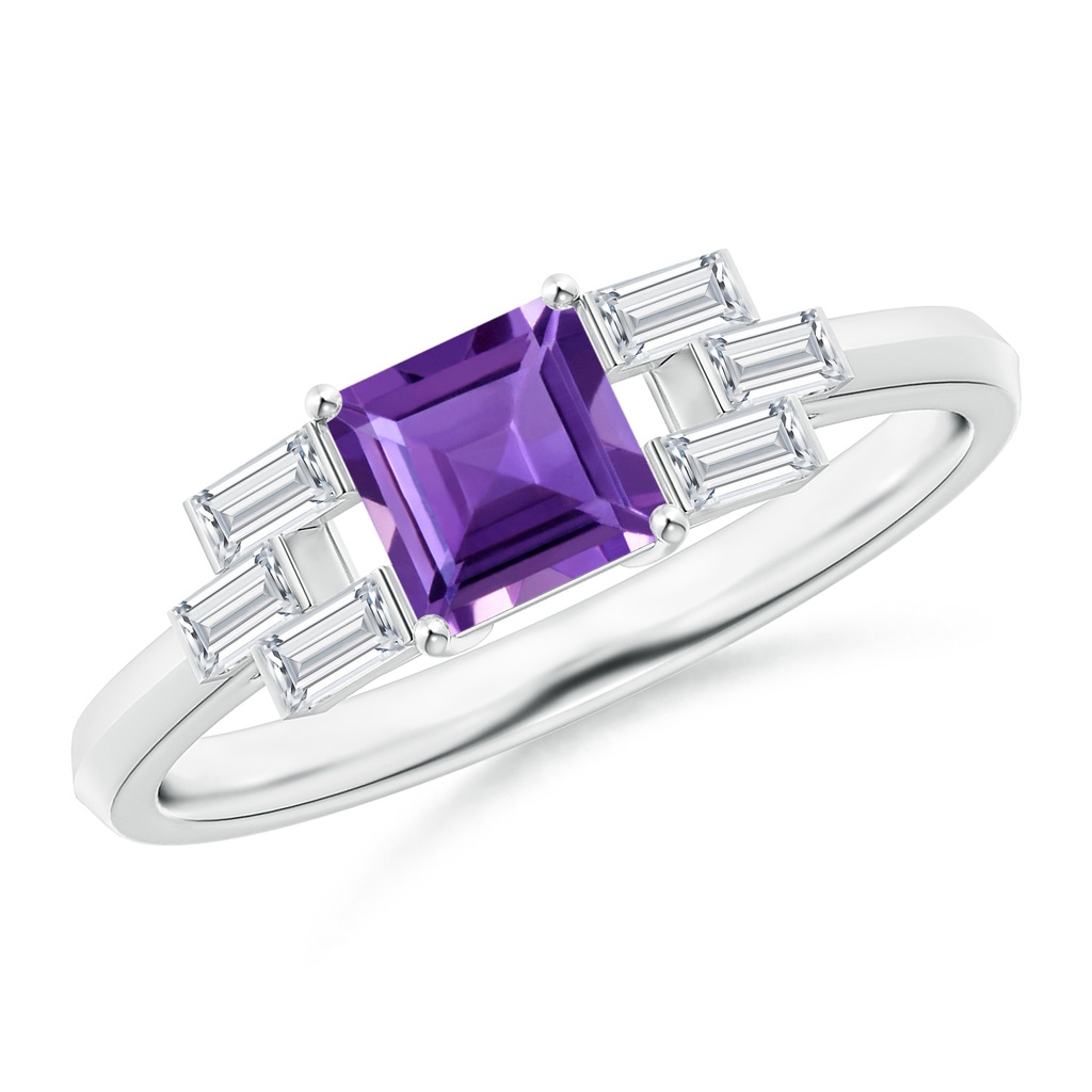 5mm AAA Square Amethyst & Baguette Diamond Rectangle Link Ring in White Gold