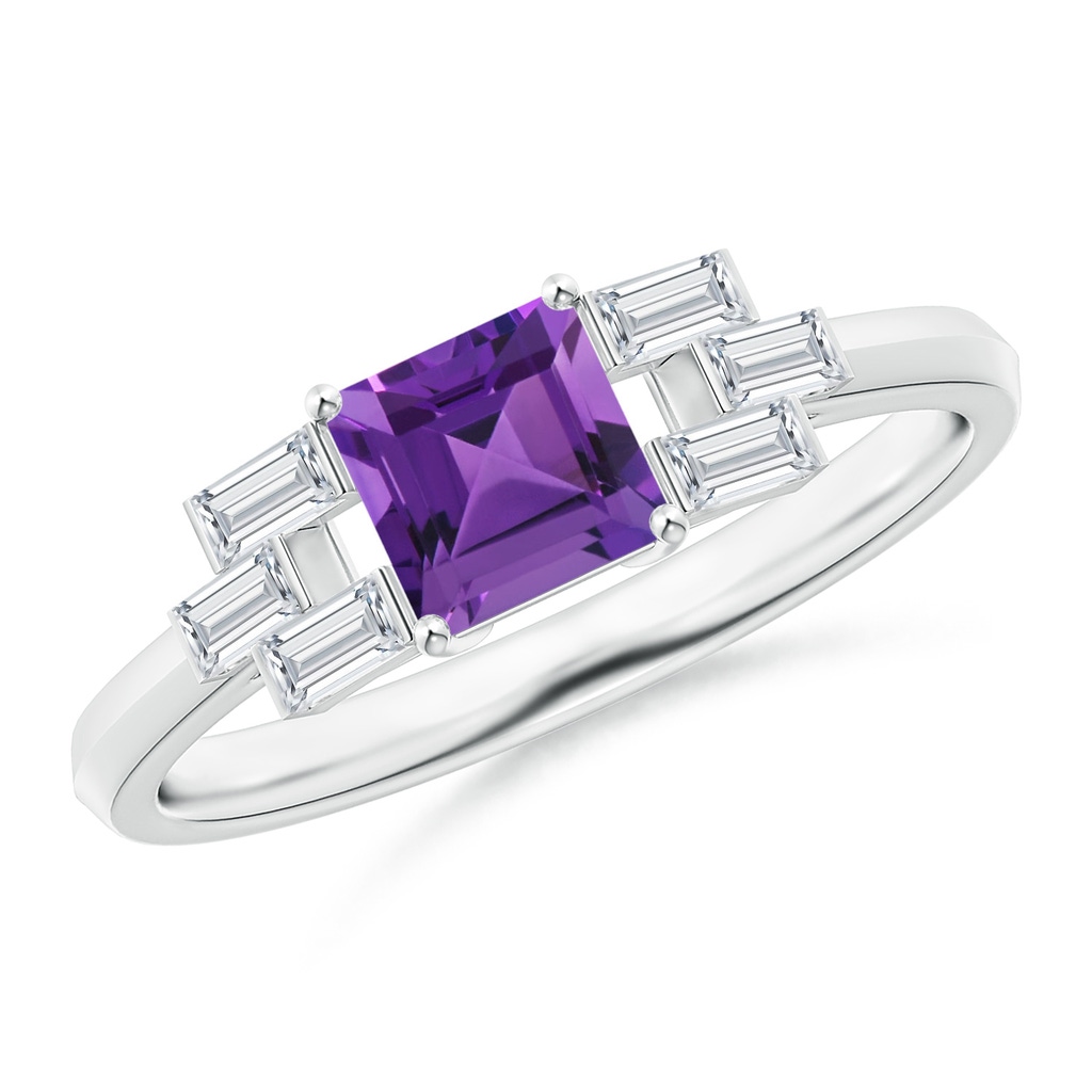 5mm AAAA Square Amethyst & Baguette Diamond Rectangle Link Ring in 10K White Gold