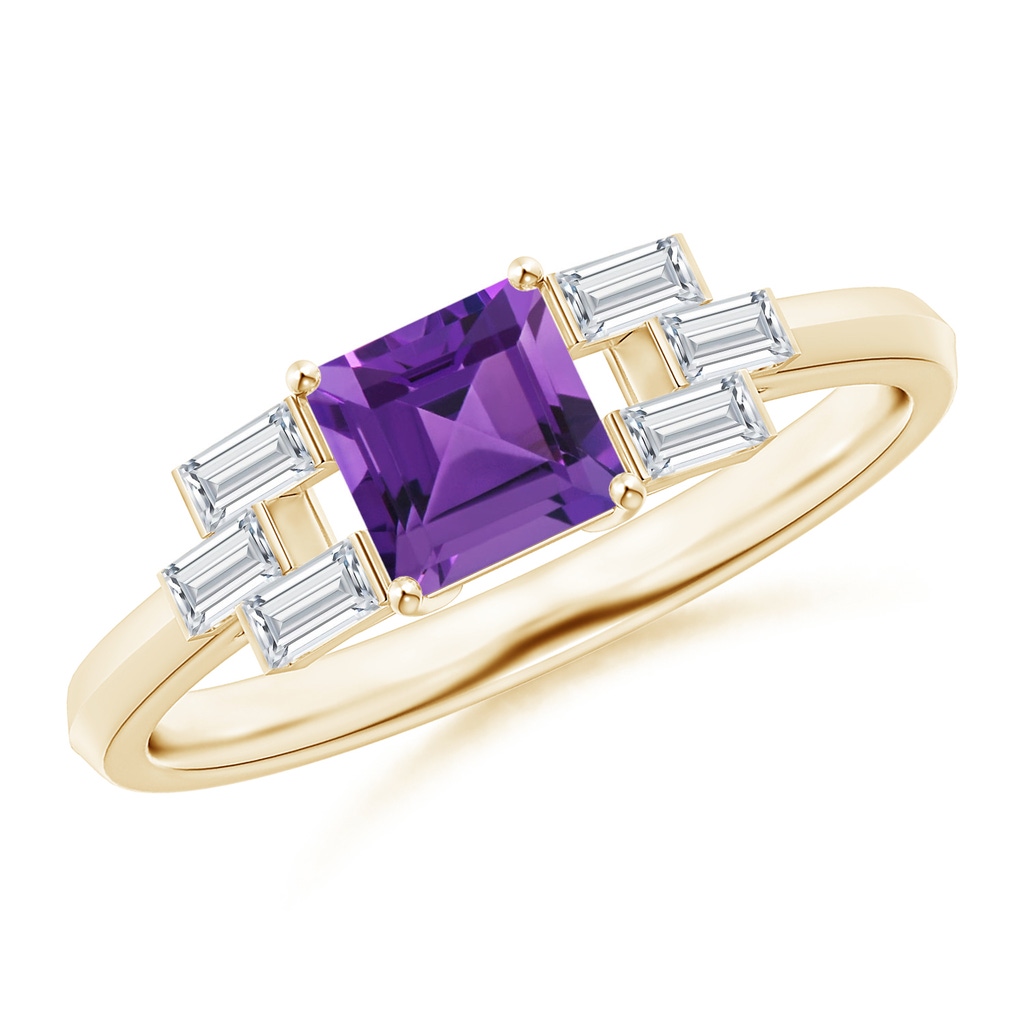 5mm AAAA Square Amethyst & Baguette Diamond Rectangle Link Ring in Yellow Gold