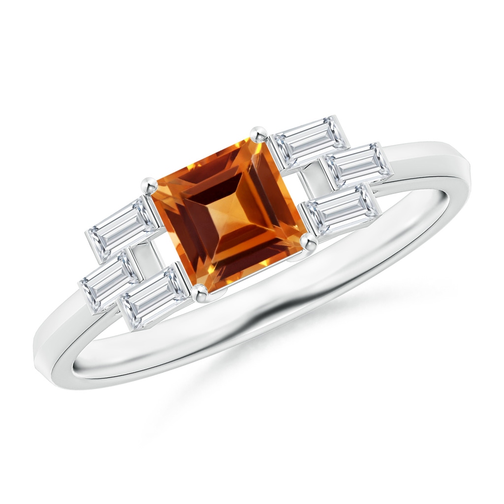 5mm AAAA Square Citrine & Baguette Diamond Rectangle Link Ring in White Gold