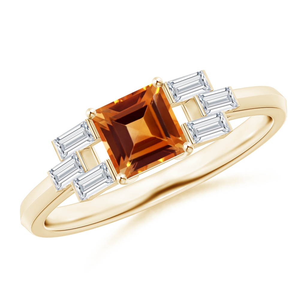 5mm AAAA Square Citrine & Baguette Diamond Rectangle Link Ring in Yellow Gold