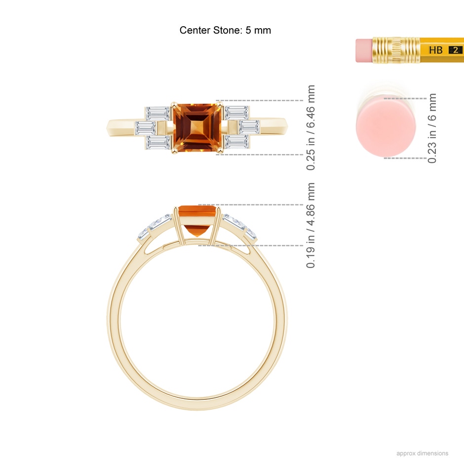 5mm AAAA Square Citrine & Baguette Diamond Rectangle Link Ring in Yellow Gold ruler