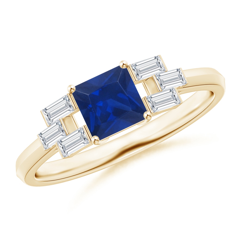 5mm AAA Square Sapphire & Baguette Diamond Rectangle Link Ring in Yellow Gold