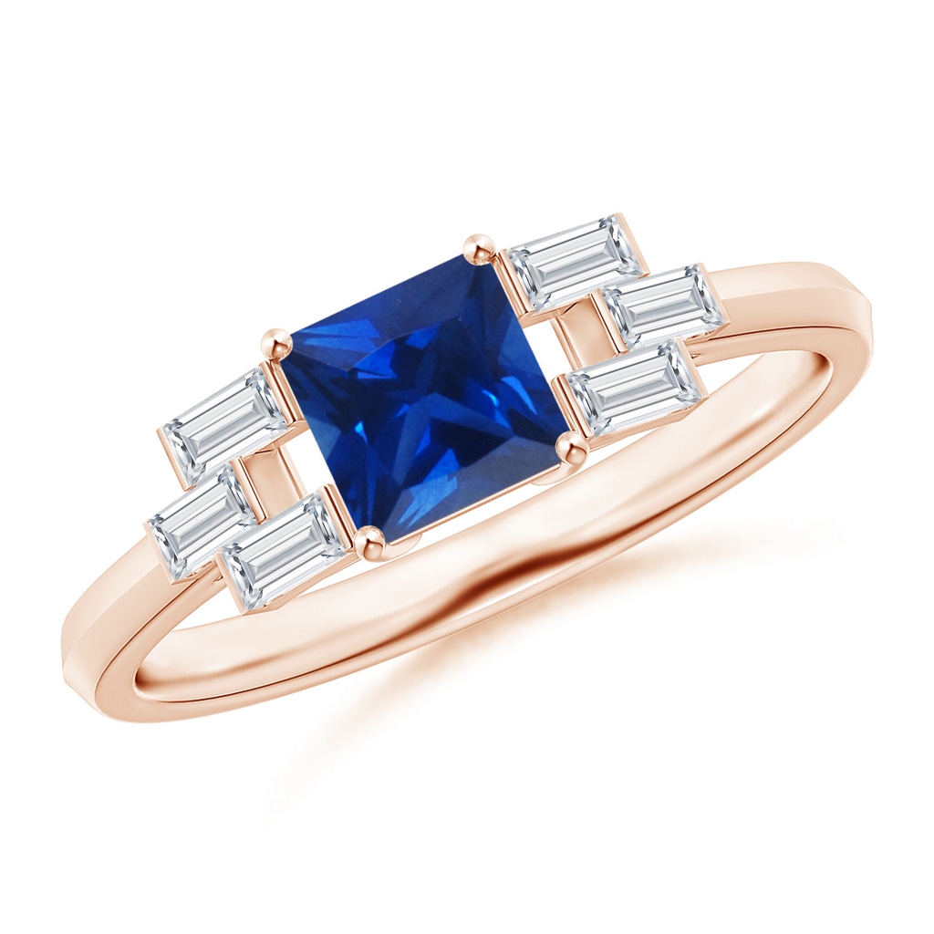 5mm AAAA Square Sapphire & Baguette Diamond Rectangle Link Ring in Rose Gold
