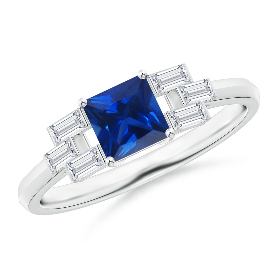 5mm AAAA Square Sapphire & Baguette Diamond Rectangle Link Ring in White Gold 