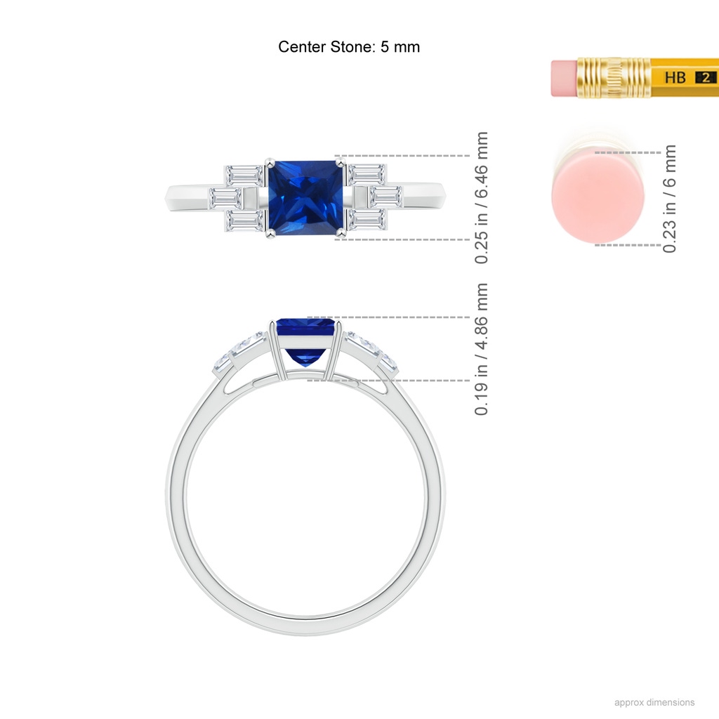 5mm AAAA Square Sapphire & Baguette Diamond Rectangle Link Ring in White Gold Ruler