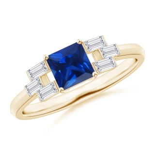 5mm AAAA Square Sapphire & Baguette Diamond Rectangle Link Ring in Yellow Gold