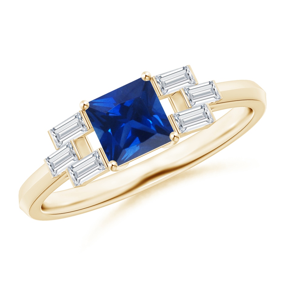5mm AAAA Square Sapphire & Baguette Diamond Rectangle Link Ring in Yellow Gold 