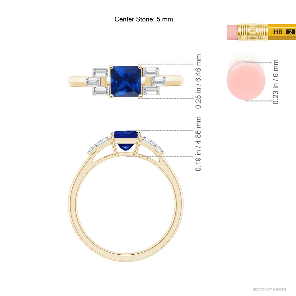 5mm AAAA Square Sapphire & Baguette Diamond Rectangle Link Ring in Yellow Gold Ruler