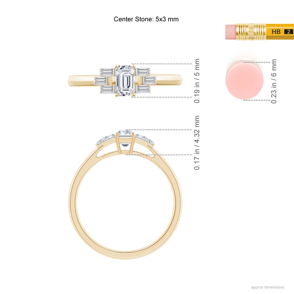 5x3mm HSI2 Emerald-Cut & Baguette Diamond Rectangle Link Ring in Yellow Gold Ruler