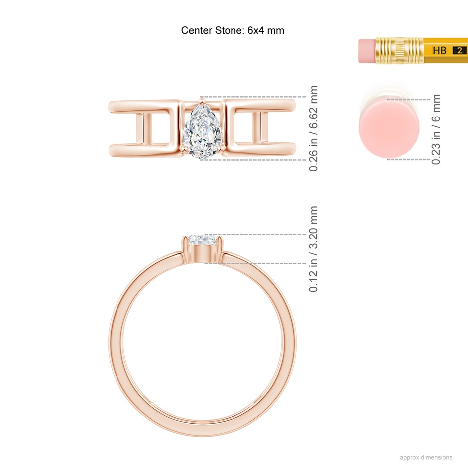 6x4mm GVS2 Pear Diamond Solitaire Parallel Split Shank Ring in Rose Gold ruler