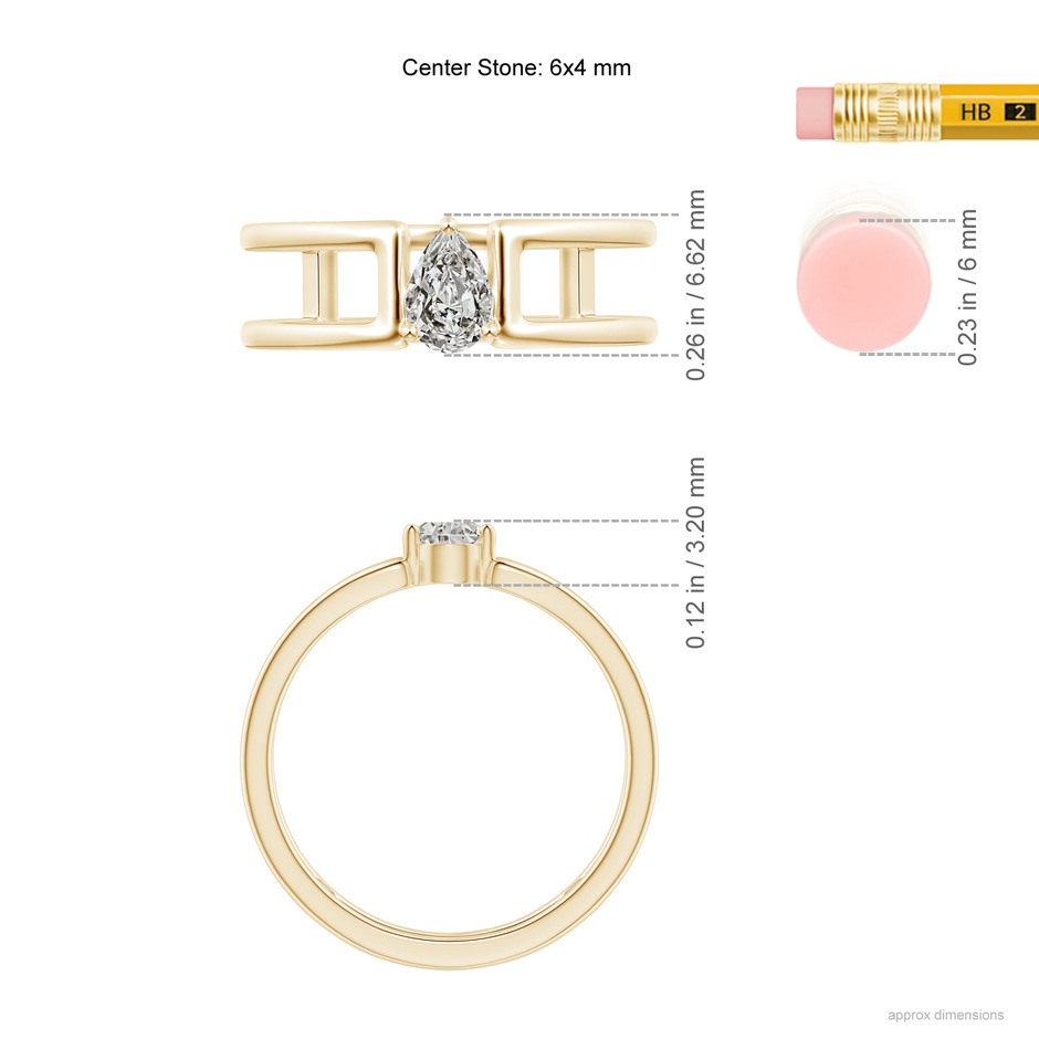 6x4mm KI3 Pear Diamond Solitaire Parallel Split Shank Ring in Yellow Gold ruler