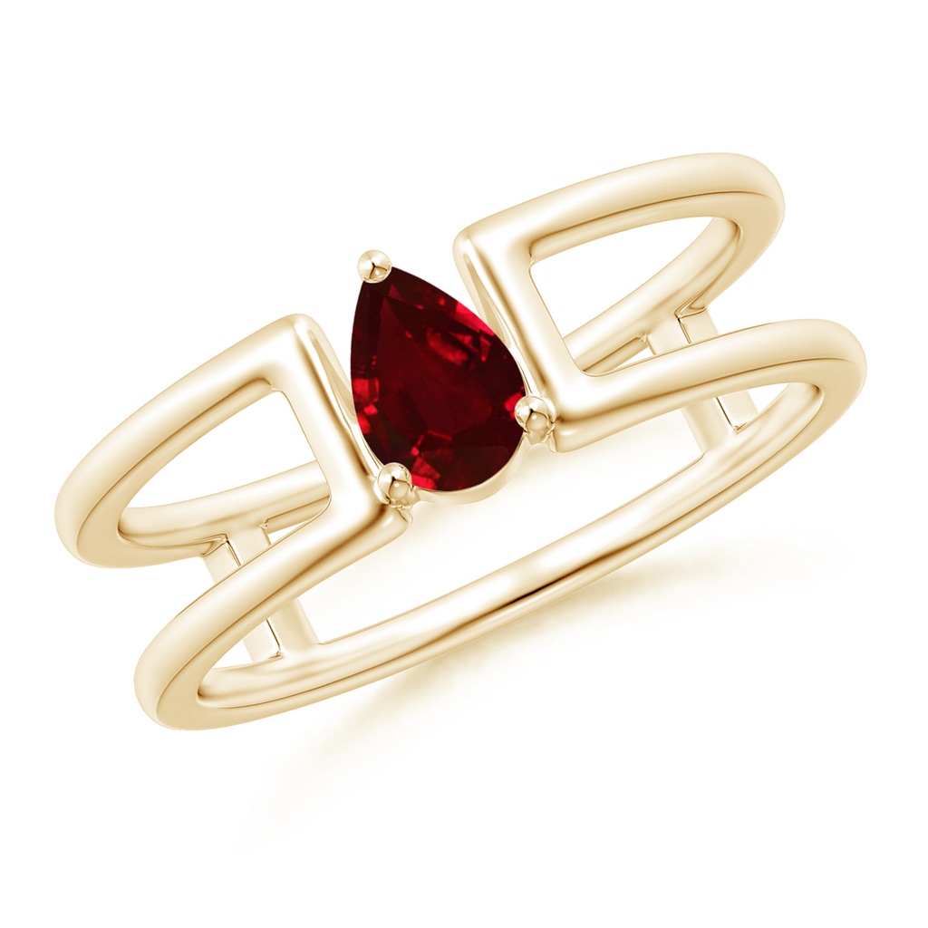 6x4mm AAAA Pear Ruby Solitaire Parallel Split Shank Ring in Yellow Gold