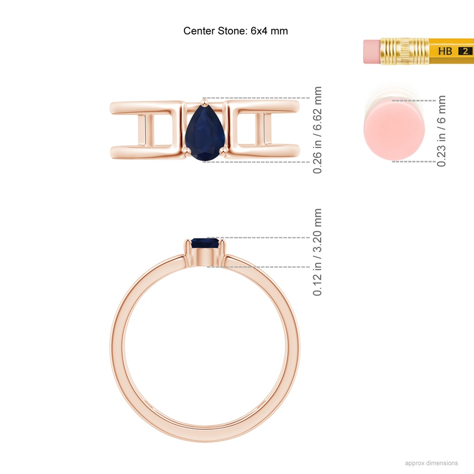 6x4mm A Pear Sapphire Solitaire Parallel Split Shank Ring in Rose Gold ruler