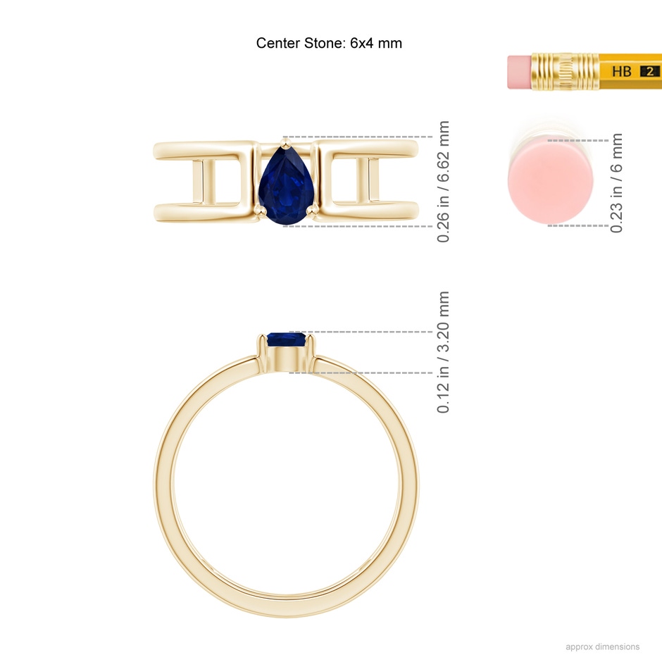 6x4mm AA Pear Sapphire Solitaire Parallel Split Shank Ring in Yellow Gold ruler