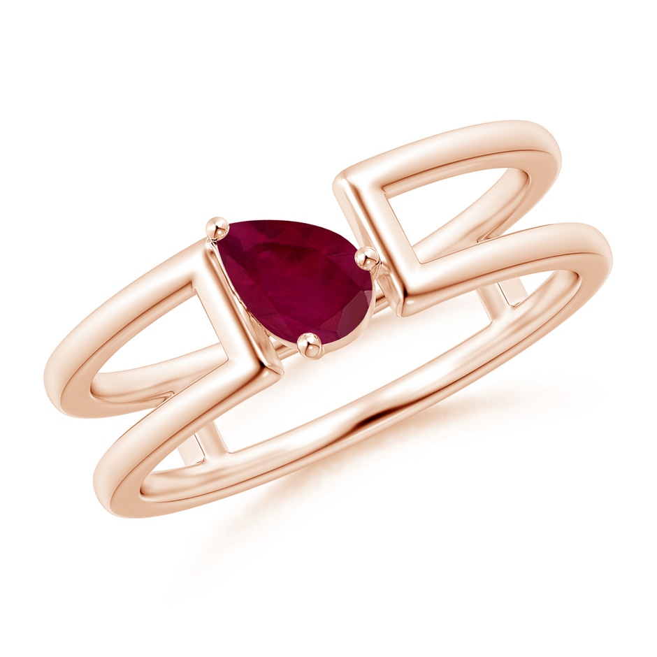 6x4mm A Tilted Pear Ruby Solitaire Parallel Split Shank Ring in Rose Gold 
