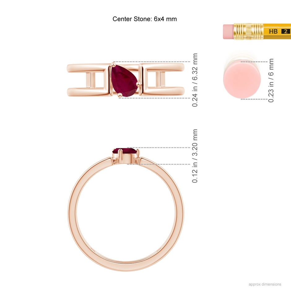 6x4mm A Tilted Pear Ruby Solitaire Parallel Split Shank Ring in Rose Gold ruler