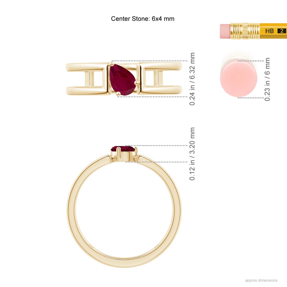 6x4mm A Tilted Pear Ruby Solitaire Parallel Split Shank Ring in Yellow Gold ruler