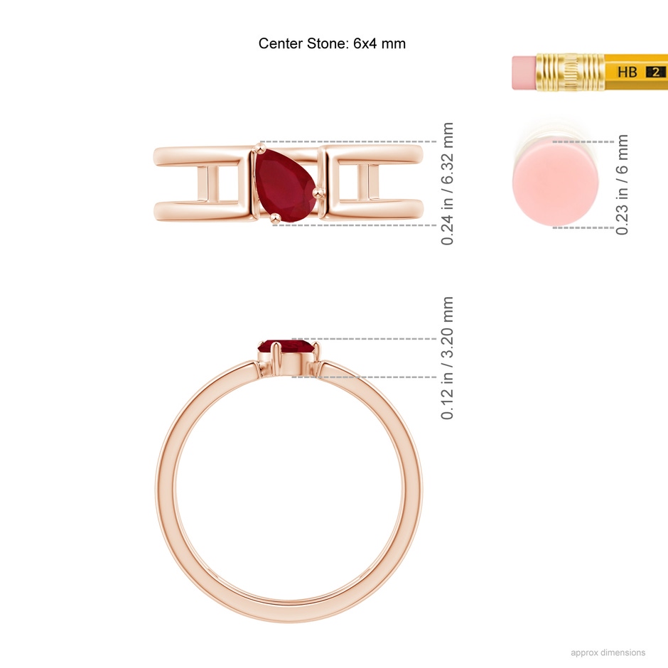 6x4mm AA Tilted Pear Ruby Solitaire Parallel Split Shank Ring in Rose Gold ruler