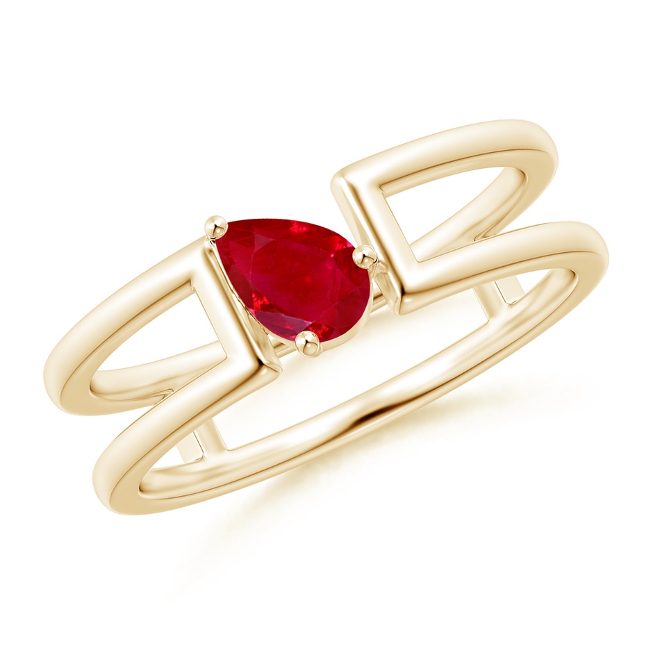 6x4mm AAA Tilted Pear Ruby Solitaire Parallel Split Shank Ring in Yellow Gold 