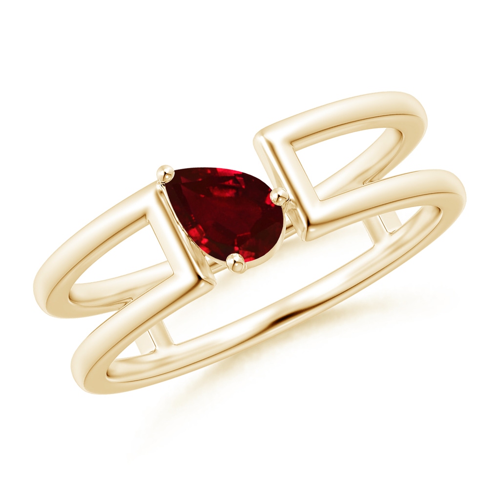 6x4mm AAAA Tilted Pear Ruby Solitaire Parallel Split Shank Ring in Yellow Gold