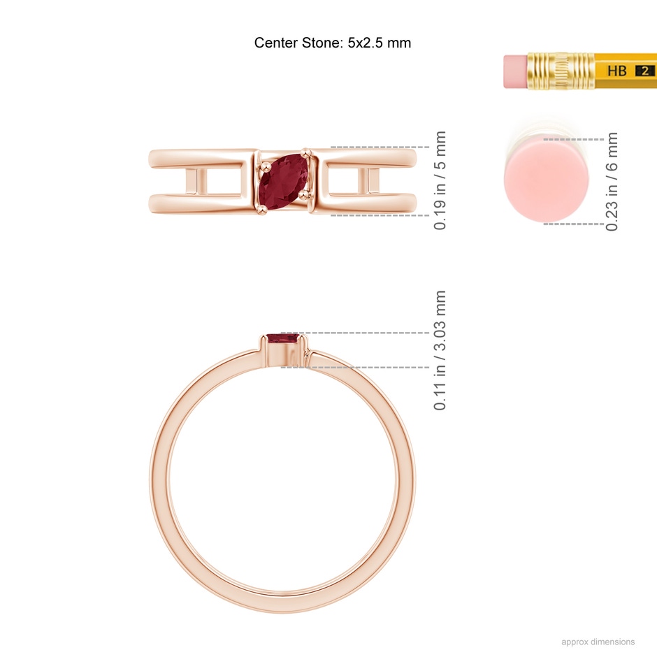 5x2.5mm A Tilted Marquise Ruby Solitaire Parallel Split Shank Ring in Rose Gold ruler