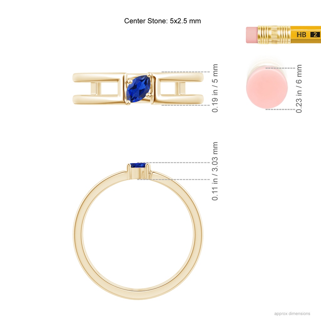 5x2.5mm AAA Tilted Marquise Sapphire Solitaire Parallel Split Shank Ring in Yellow Gold Ruler