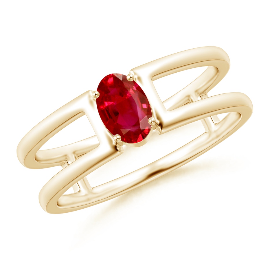 6x4mm AAA Oval Ruby Solitaire Parallel Split Shank Ring in Yellow Gold 