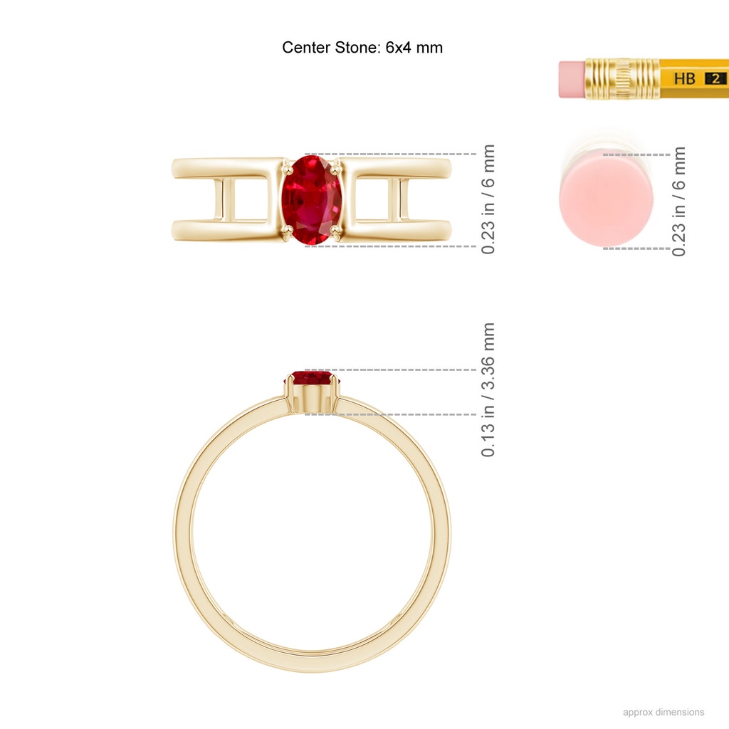 6x4mm AAA Oval Ruby Solitaire Parallel Split Shank Ring in Yellow Gold Ruler