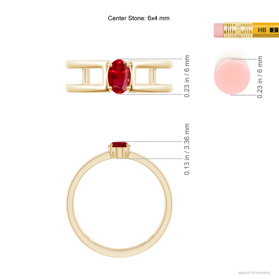 6x4mm AAA Oval Ruby Solitaire Parallel Split Shank Ring in Yellow Gold ruler