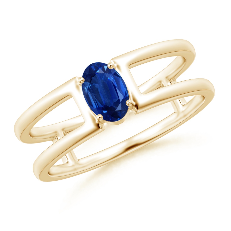 6x4mm AAA Oval Sapphire Solitaire Parallel Split Shank Ring in Yellow Gold 