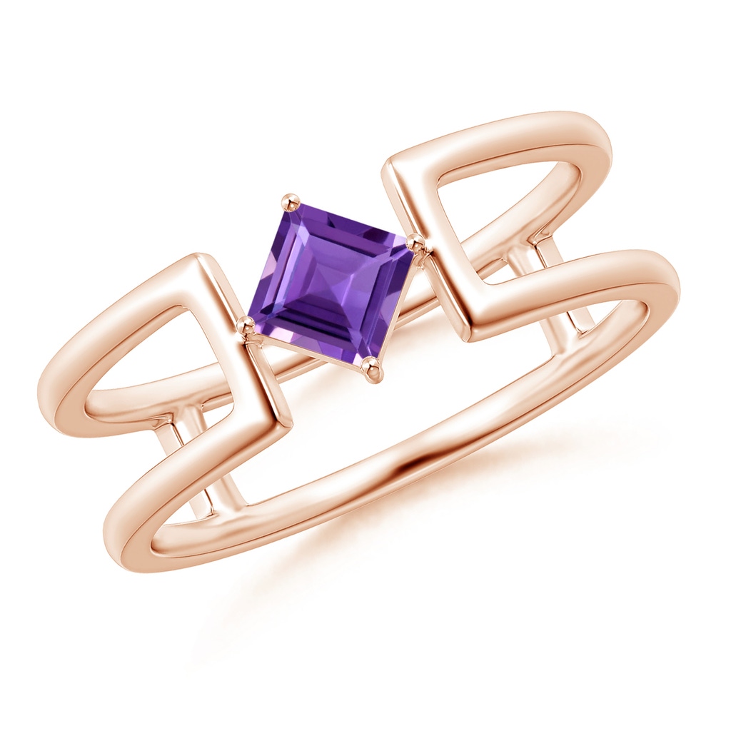4mm AAA Square Amethyst Solitaire Parallel Split Shank Ring in Rose Gold
