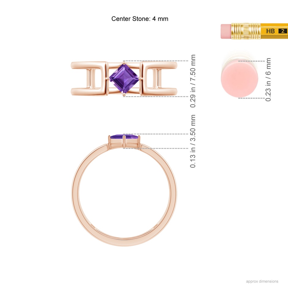 4mm AAA Square Amethyst Solitaire Parallel Split Shank Ring in Rose Gold ruler