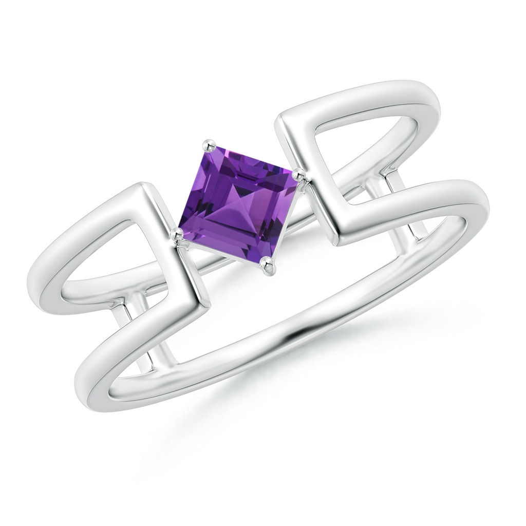 4mm AAAA Square Amethyst Solitaire Parallel Split Shank Ring in White Gold