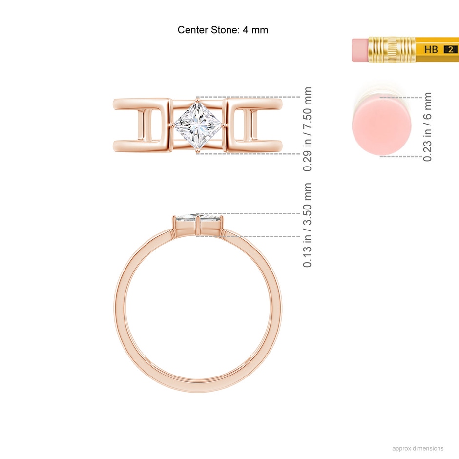 4mm GVS2 Princess Diamond Solitaire Parallel Split Shank Ring in Rose Gold ruler